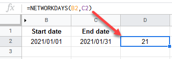 google sheets NETWORKDAYS function 1