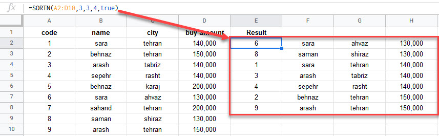 google sheets SORTN function