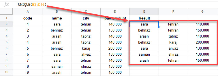 google sheets UNIQUE function