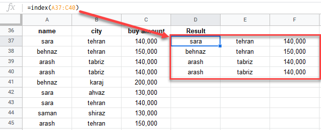 google sheets index function 2