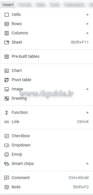 منوی insert در گوگل شیت