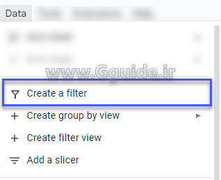 گزینه filter از منوی data در گوگل شیت 1