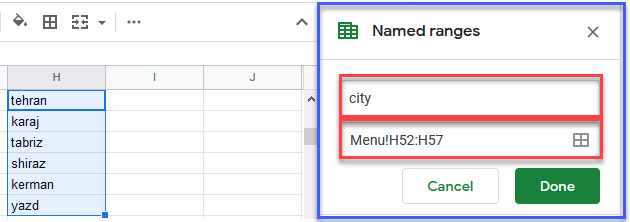 google sheets menu data named ranges