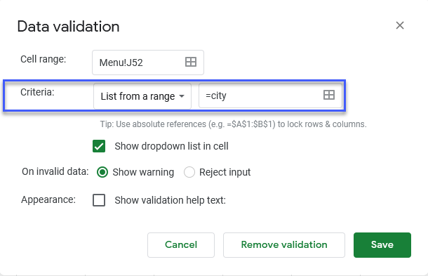 google sheets menu data named ranges