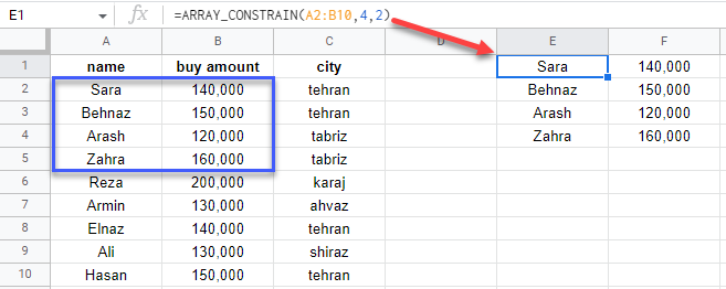 google sheets ARRAY CONSTRAIN formula 2