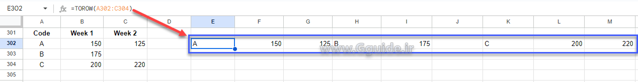 google sheets TOROW function 2
