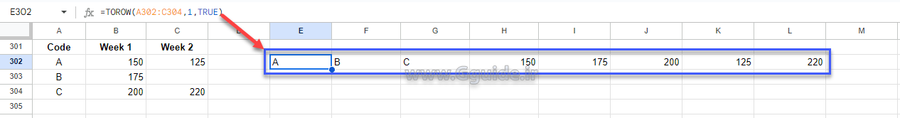 google sheets TOROW function 3