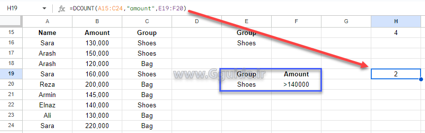 google sheets DCOUNT function 3