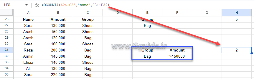 google sheets DCOUNTA function 3