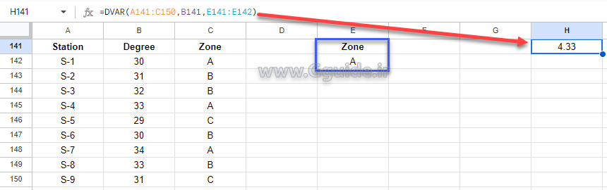 google sheets DVAR function 2