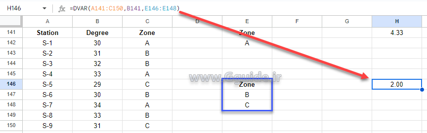 google sheets DVAR function 3