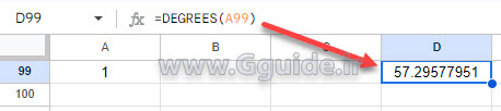 google sheets DEGREES function