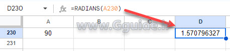 google sheets RADIANS function