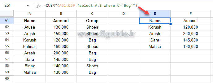 google sheets QUERY function