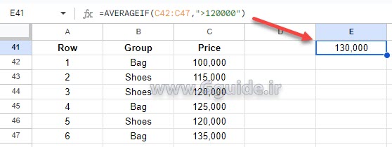 google sheets AVERAGEIF function 1