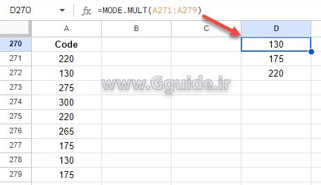 google sheets MODE.MULT function
