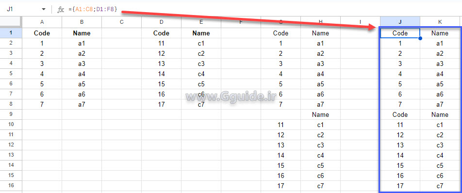 show multi columns in one columns without merging in google sheets 3
