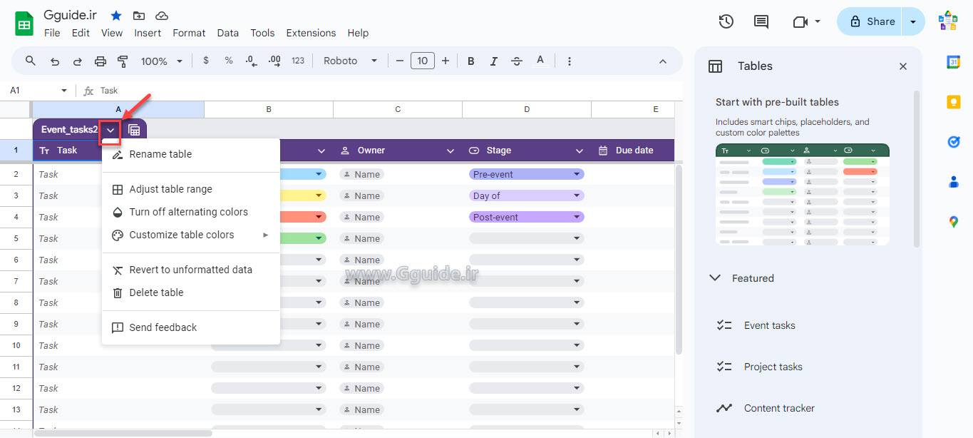 google sheets Table 3
