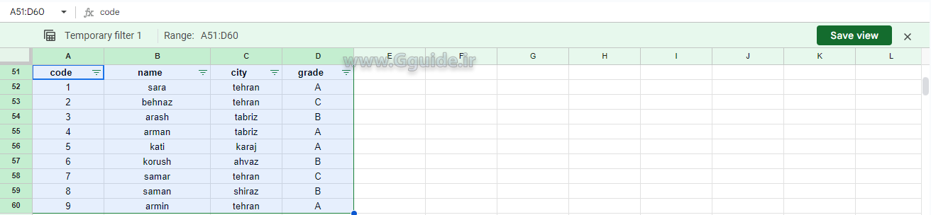 گزینه filter view از منوی data در گوگل شیت 2
