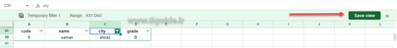 گزینه filter view از منوی data در گوگل شیت 3