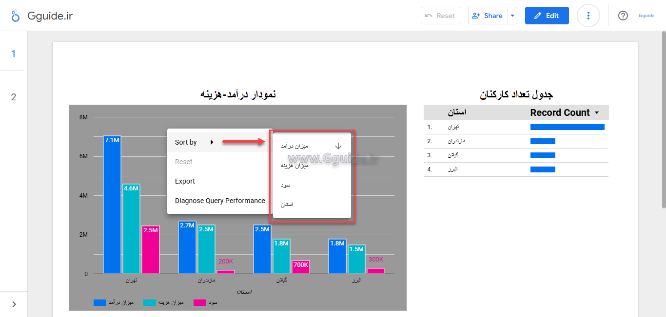 گزینه های تعاملی در نمودار لوکر استودیو looker studio 4