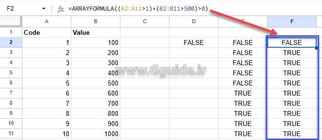 چگونه توابع AND و OR را در گوگل شیت Google Sheets بصورت آرایهای تعریف کنیم 3