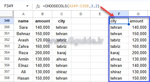 آشنائی با تابع CHOOSECOLS در گوگل شیت (Google Sheets)